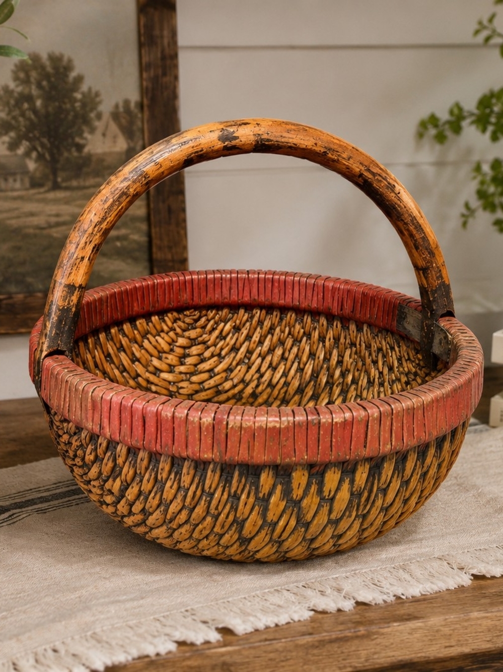 Handwoven Decorative Yellow and Red Woven Basket with Handle
